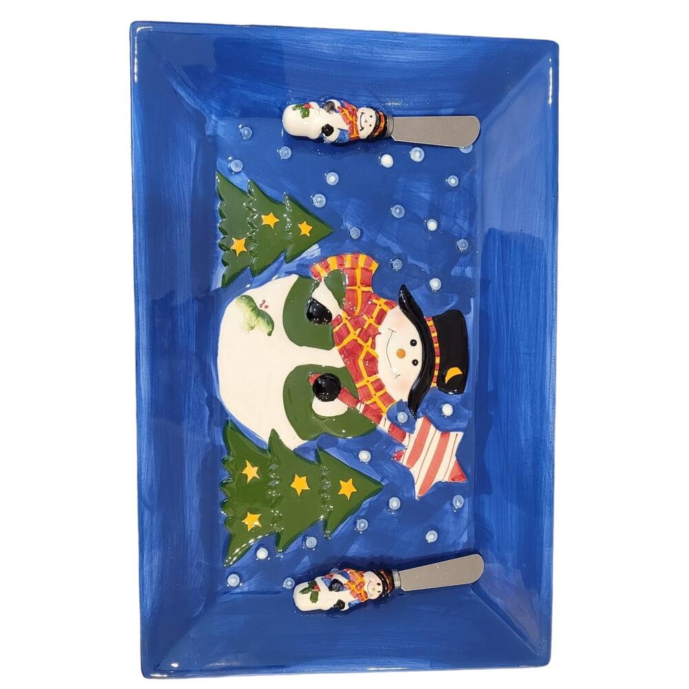 International Silver Co Ceramic Snack Snowman Platter w 2 Spreaders Christmas
